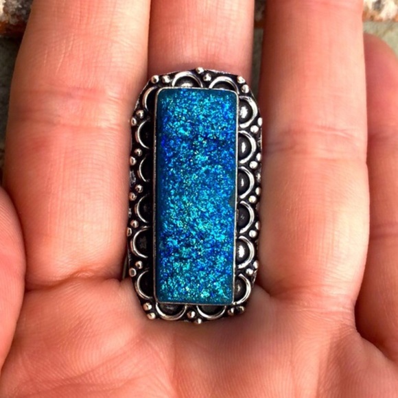 Sterling Silver 925 Rectangle Titanium Druzy Gemstone Handmade Ring Size 8 - Picture 3 of 6